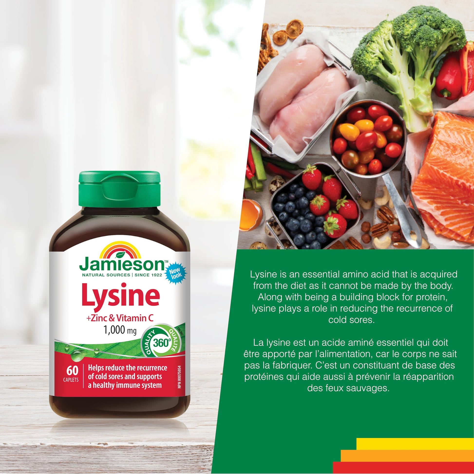 Jamieson Lysine 1,000 mg, with Zinc and Vitamin C, Cold Sore Support, and Helps Immune Health. Essential Amino Acid, Non-GMO, Gluten-Free, 60 Vegetarian Caplets, Proudly Canadian - Available at All In One Marketplace Canada