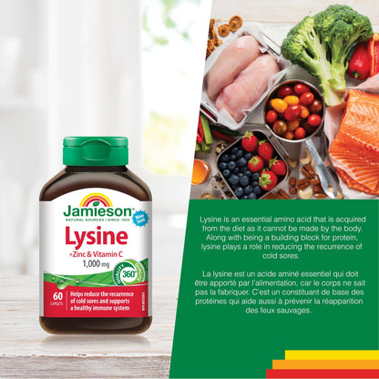 Jamieson Lysine 1,000 mg, with Zinc and Vitamin C, Cold Sore Support, and Helps Immune Health. Essential Amino Acid, Non-GMO, Gluten-Free, 60 Vegetarian Caplets, Proudly Canadian - Available at All In One Marketplace Canada