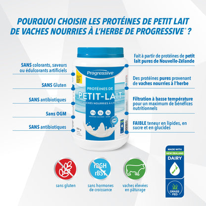 Progressive Grass-Fed 100% Whey Protein Powder Unflavoured, 27g of New Zealand Whey Concentrate per Scoop for Muscle Gain, Pasture-Raised, Non-GMO, Canadian-Made Antibiotic-free, Hormone-free, 850 g - Available at All In One Marketplace Canada