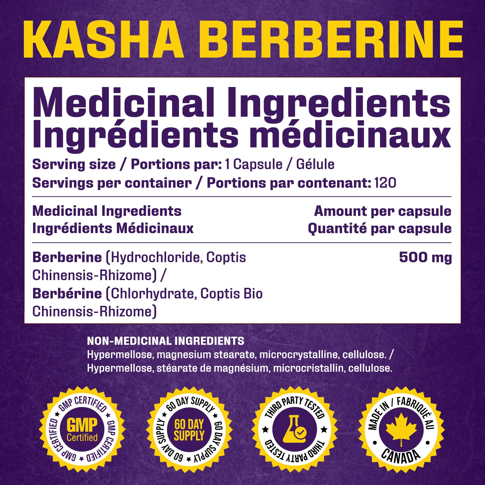 Maximum Strength Berberine Supplement 1000 mg Per Serving (500mg Per Capsule). Supports Healthy Glucose (Blood Sugar) and Lipid (Fats) Metabolism. Non-GMO, Vegan, Gluten-free. Bulk 120 Capsules. Proudly Canadian. Easy to Swallow. Kasha Nutrition - Available at All In One Marketplace Canada