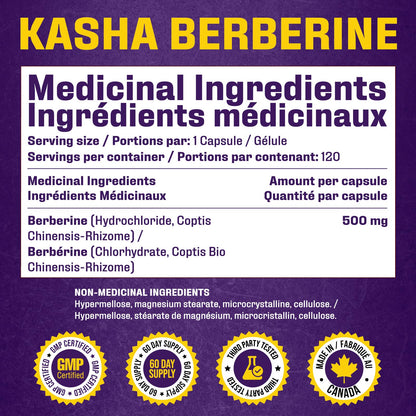 Maximum Strength Berberine Supplement 1000 mg Per Serving (500mg Per Capsule). Supports Healthy Glucose (Blood Sugar) and Lipid (Fats) Metabolism. Non-GMO, Vegan, Gluten-free. Bulk 120 Capsules. Proudly Canadian. Easy to Swallow. Kasha Nutrition - Available at All In One Marketplace Canada