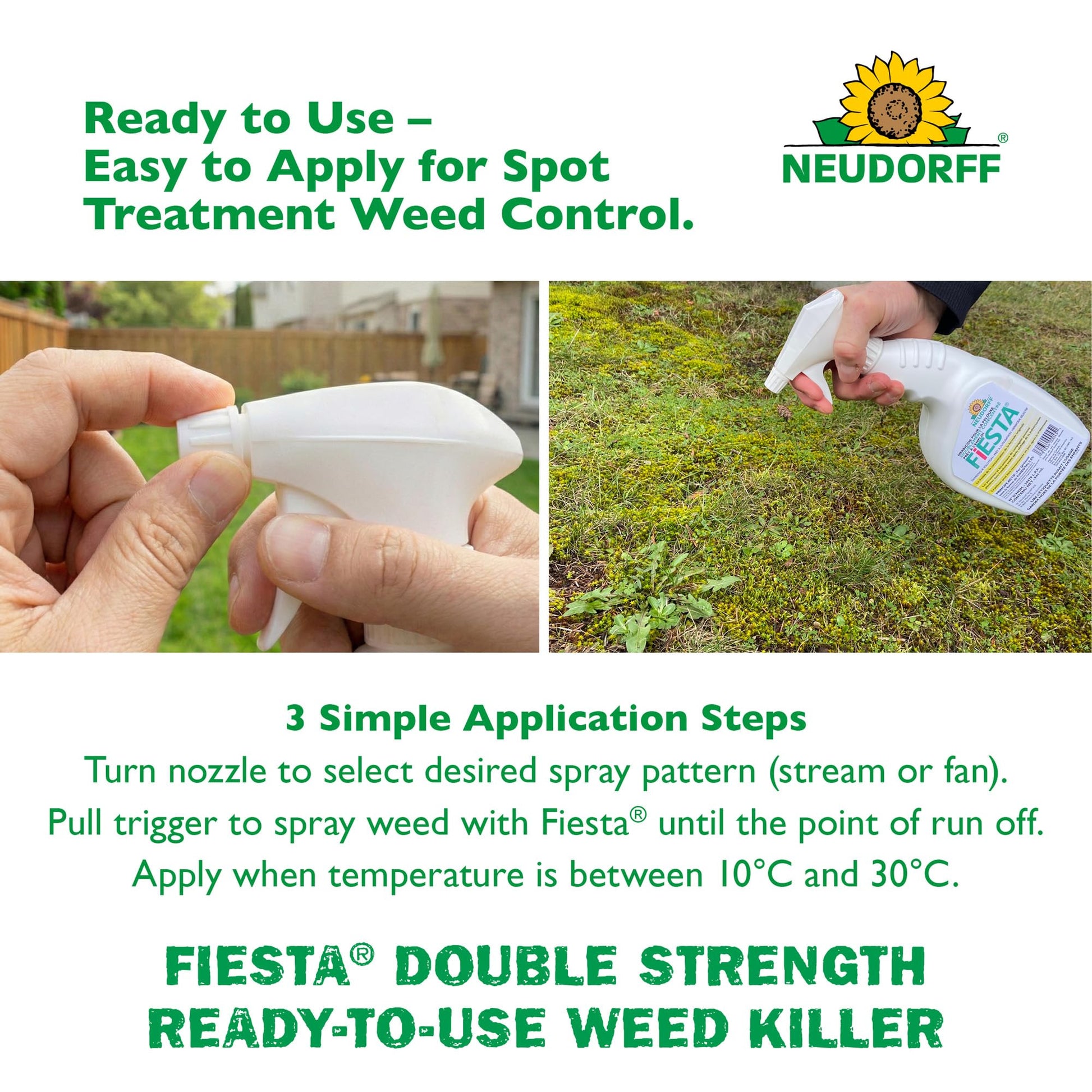 Neudorff Fiesta Lawn Weed Killer Double Strength RTU, See Results in Hours & Can Reseed Lawn 1 Day After Treatment, People & Pets Can Enter Treated Area When Spray Dries, Made with Iron (946 ML)