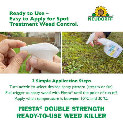 Neudorff Fiesta Lawn Weed Killer Double Strength RTU, See Results in Hours & Can Reseed Lawn 1 Day After Treatment, People & Pets Can Enter Treated Area When Spray Dries, Made with Iron (946 ML)
