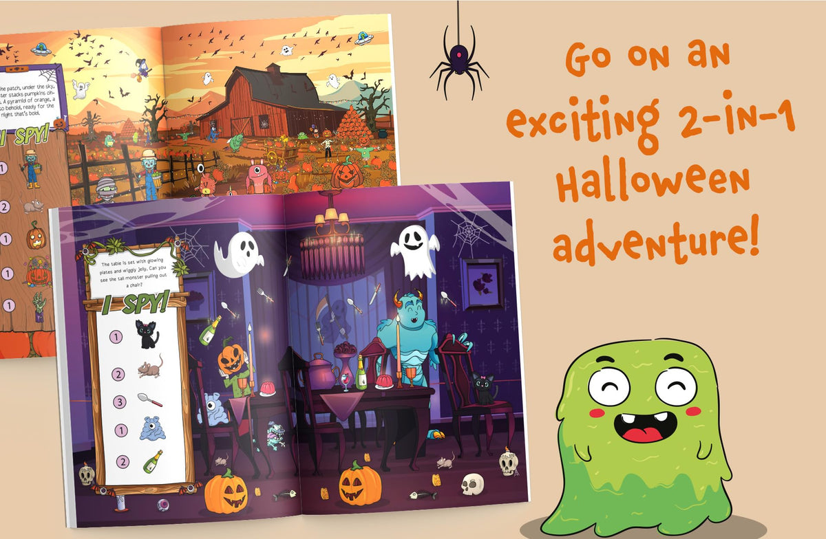 Jeu d'observation Halloween 2 en 1 : Trouvez des monstres amicaux et explorez le manoir hanté ! Un grand livre de cherche et trouve pour les tout-petits