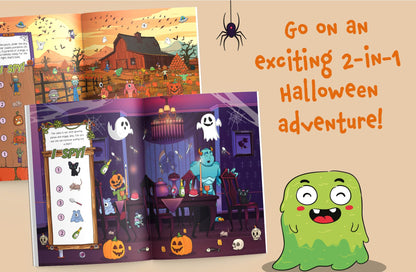 Jeu d'observation Halloween 2 en 1 : Trouvez des monstres amicaux et explorez le manoir hanté ! Un grand livre de cherche et trouve pour les tout-petits