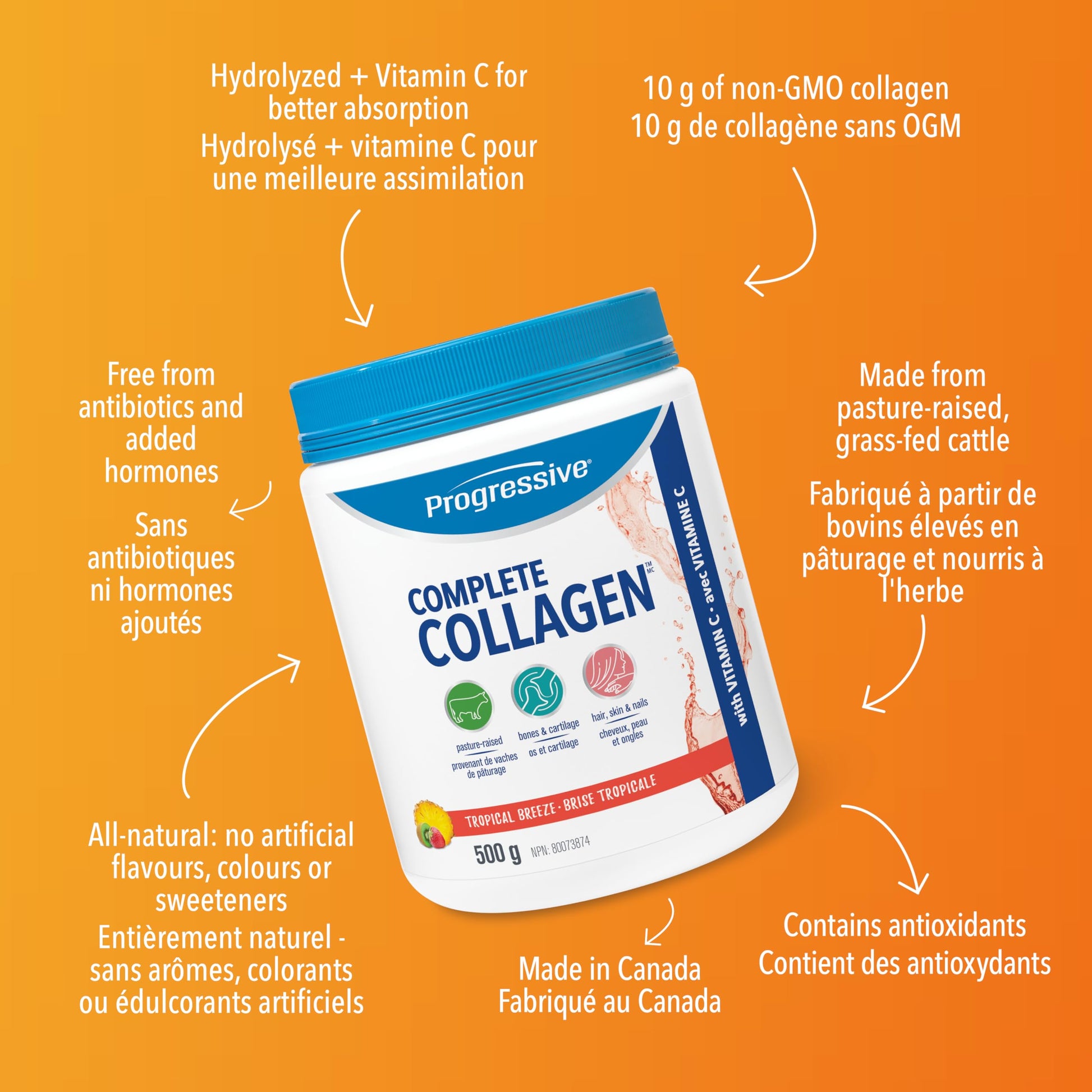Progressive Complete Collagen Tropical Breeze, Canadian-Made, for Healthier Hair, Skin, Nails and Joints. Grass-Fed Non-GMO with Antioxidants, Hydrolyzed with Vitamin C for Best Absorption, 500 g Progressive