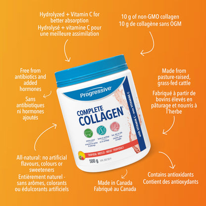 Progressive Complete Collagen Tropical Breeze, Canadian-Made, for Healthier Hair, Skin, Nails and Joints. Grass-Fed Non-GMO with Antioxidants, Hydrolyzed with Vitamin C for Best Absorption, 500 g Progressive