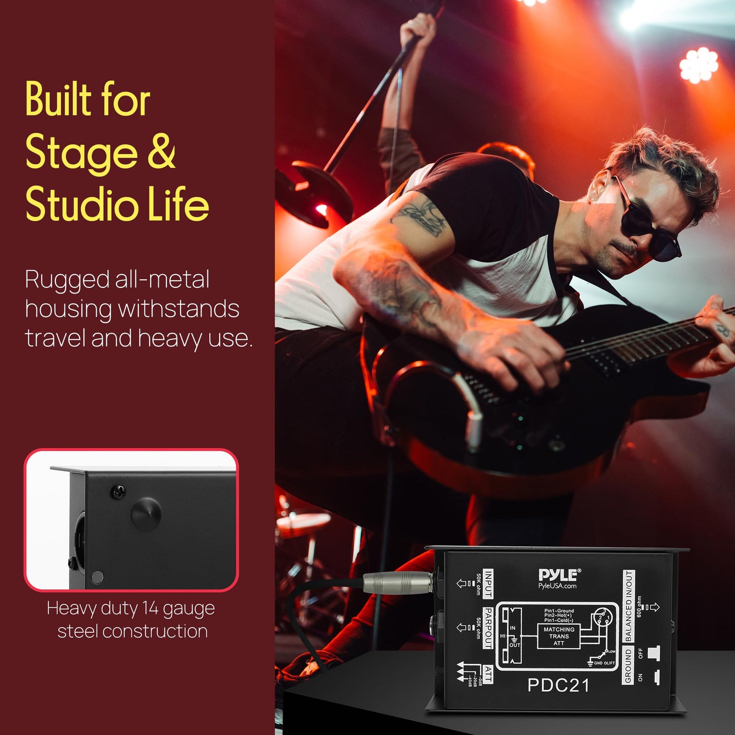 Premium Direct Injection Audio Box - Passive DI Unit Hum Eliminator w/ Input Attenuator to Connect Guitar & Bass, 1/4'' Impedance Transformer Connector to Balanced & Unbalanced XLR, Black - Pyle PDC21 🍁 All In One Marketplace Canada