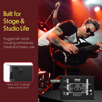 Premium Direct Injection Audio Box - Passive DI Unit Hum Eliminator w/ Input Attenuator to Connect Guitar & Bass, 1/4'' Impedance Transformer Connector to Balanced & Unbalanced XLR, Black - Pyle PDC21 🍁 All In One Marketplace Canada