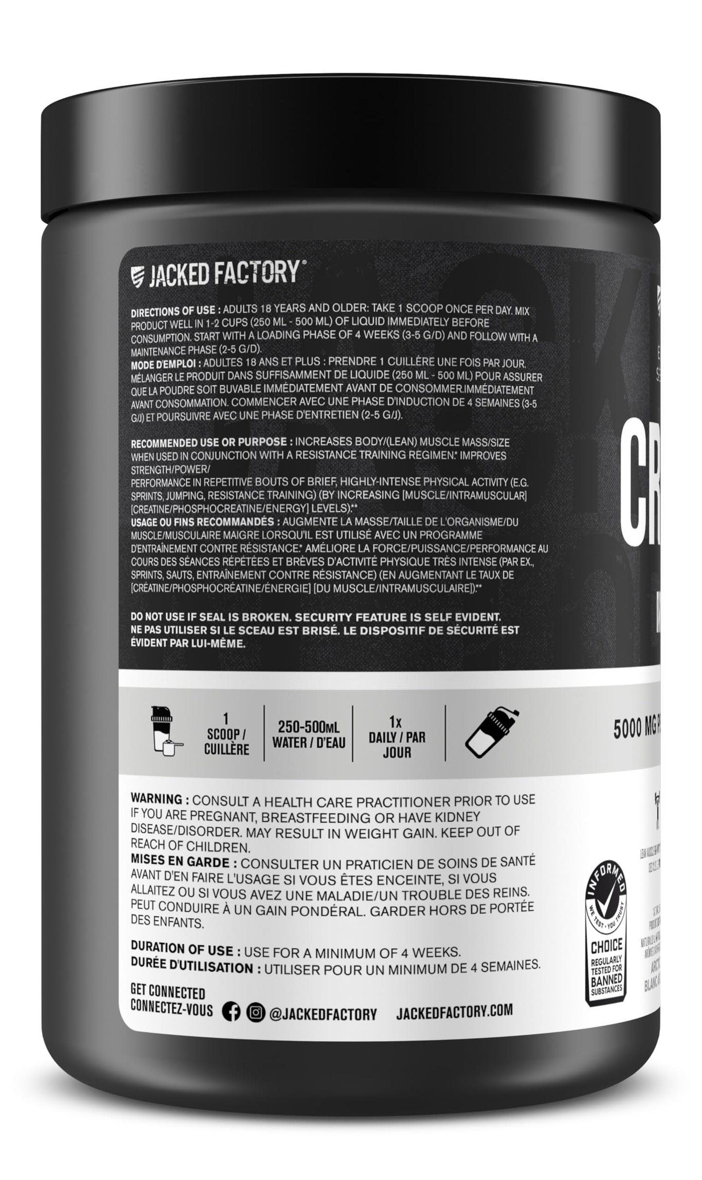 Jacked Factory Creatine Monohydrate Powder - Canadian-Owned Informed Choice Certified Supplement for Increased Muscle Mass*, Improved Strength, Power, & Performance** - 85 Servings, Arctic White