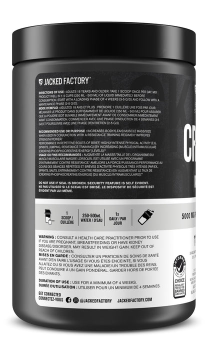 Jacked Factory Creatine Monohydrate Powder - Canadian-Owned Informed Choice Certified Supplement for Increased Muscle Mass*, Improved Strength, Power, & Performance** - 85 Servings, Arctic White