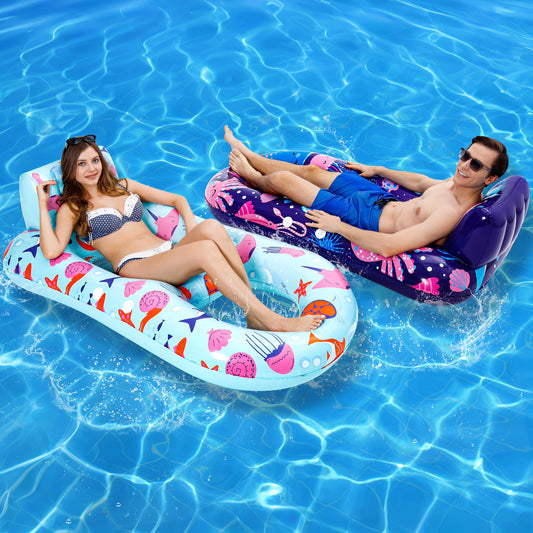 PuppyuWill 2 Pack Pool Floaties for Adults, Inflatable Pool Lounger Float Heavy Duty with Cup Holder, Backrest & Footrest Pool Lounge Float Extra Large Pool Rafts for Adults Beach Lake Party