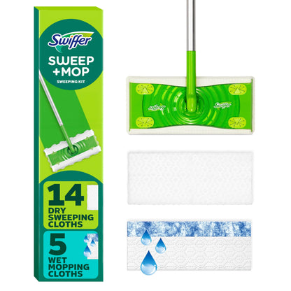 Swiffer Sweep + Mop, Broom & Mop Alternative, Dry & Wet Floor Cleaner for Dirt, Dust, Hair, All Purpose Cleaning Tool for Home, Bathroom, Kitchen, Set Includes 1 Sweeper, 14 Dry Pads, 5 Wet Pads Fresh - Available at All In One Marketplace Canada