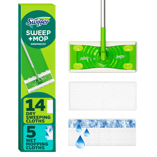 Swiffer Sweep + Mop, Broom & Mop Alternative, Dry & Wet Floor Cleaner for Dirt, Dust, Hair, All Purpose Cleaning Tool for Home, Bathroom, Kitchen, Set Includes 1 Sweeper, 14 Dry Pads, 5 Wet Pads Fresh - Available at All In One Marketplace Canada