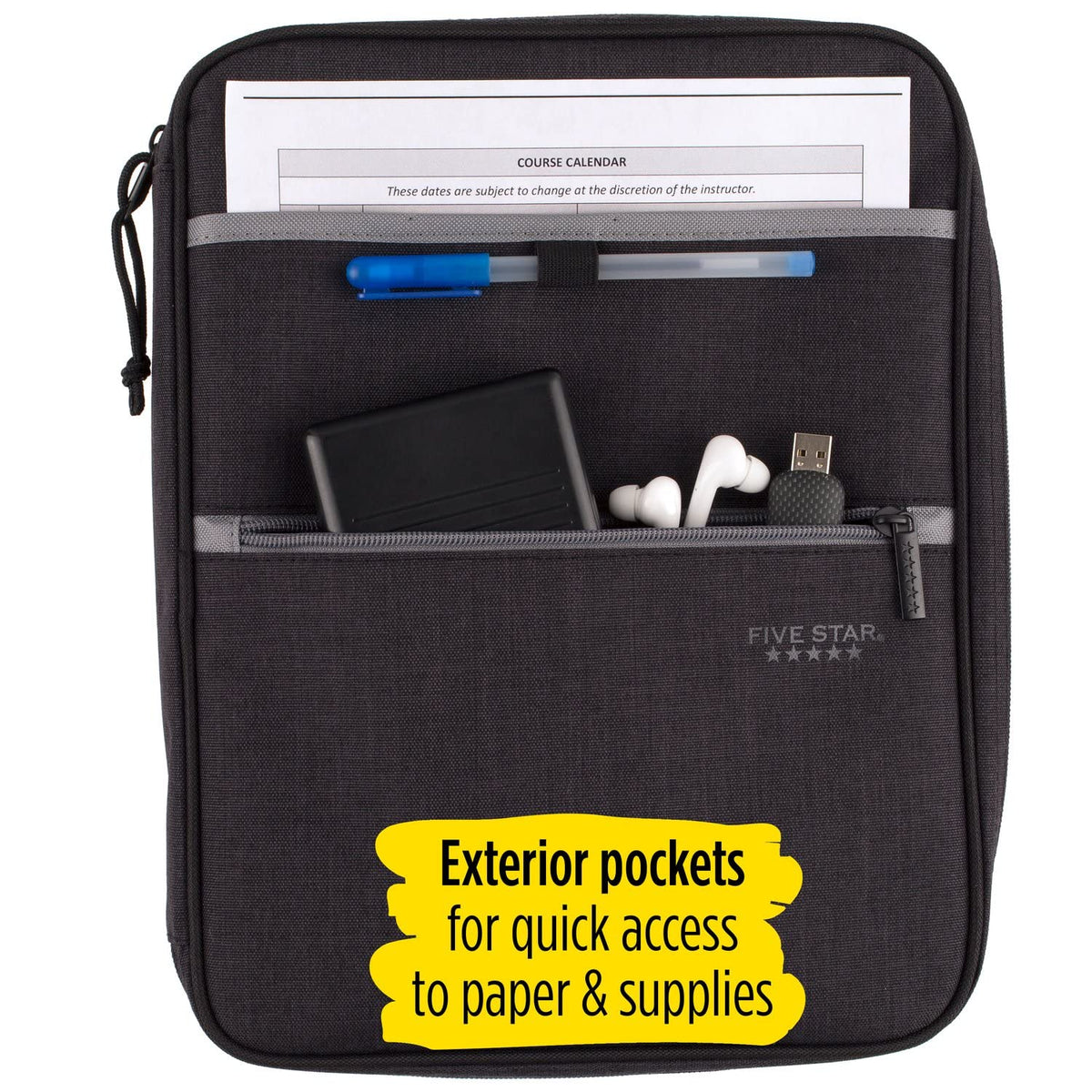 Five Star Zipper Binder, 1 Inch 3-Ring Binder with Round Rings, Carry-All with Pockets and 4-Tab Dividers, 375 Sheet Capacity, Black/Gray (29092IT8)