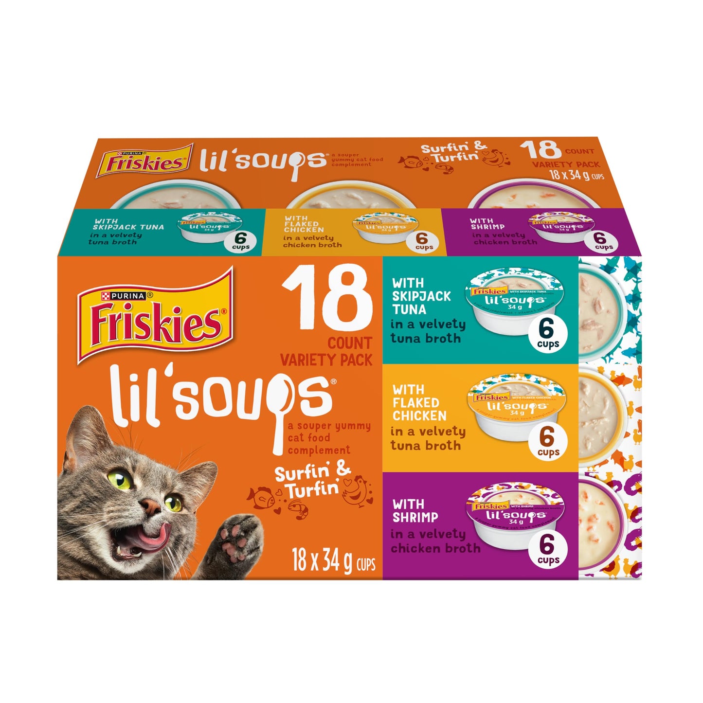Friskies Lil' Soups Cat Treats, Surfin' & Turfin' Cups 34g (18 Pack x 2) Friskies