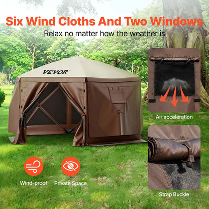 VEVOR Camping Gazebo Tent, 12'x12', 6 Sided Pop-up Canopy Screen Tent for 8 Person Camping, IPX3 Water-Resistant Screen Shelter w/Portable Storage Bag, Ground Stakes, Mesh Windows, Brown & Beige