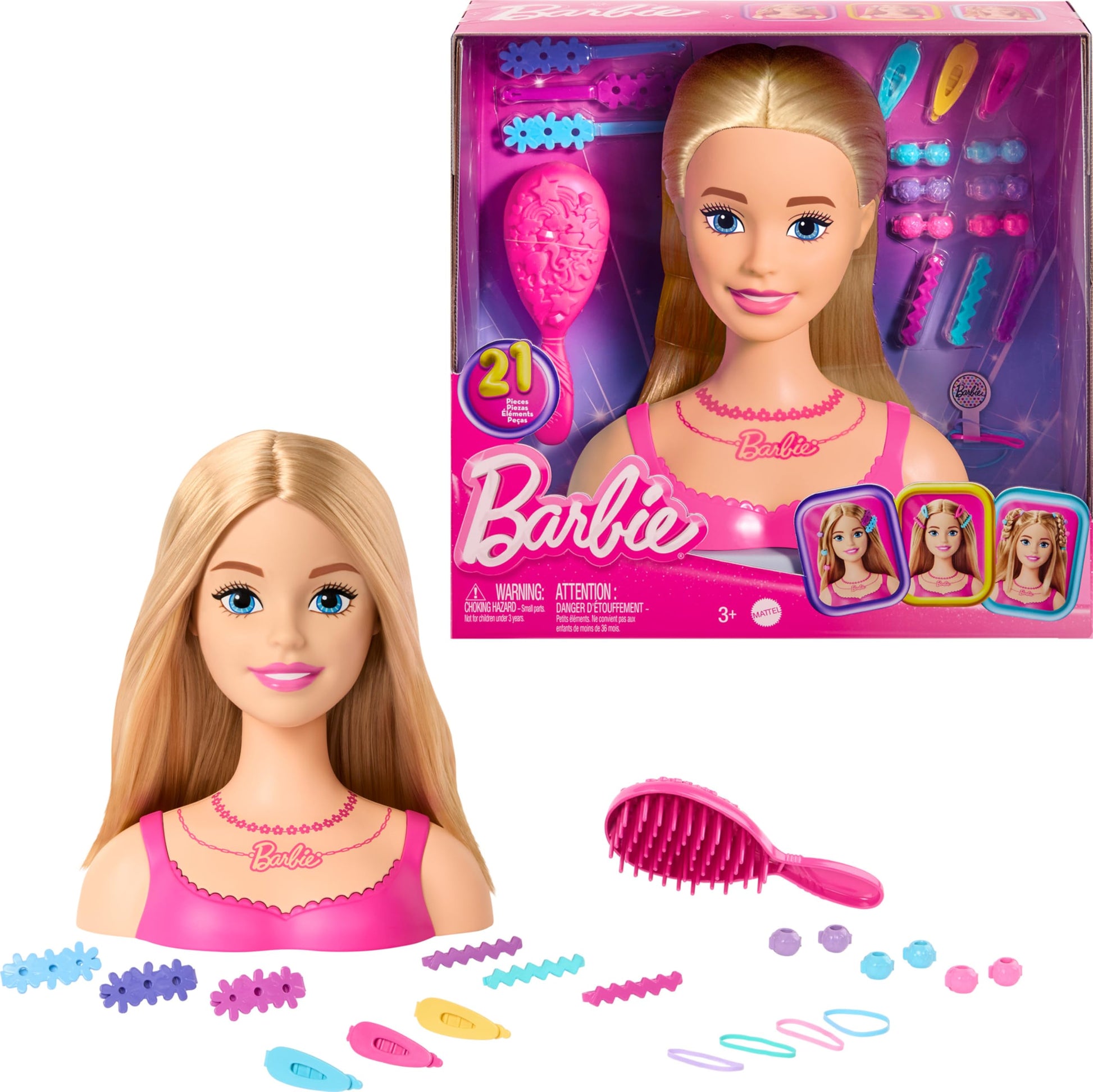 Barbie Doll Styling Head, Blond Hair with 20 Colorful Accessories, Doll Head for Hair Styling Barbie