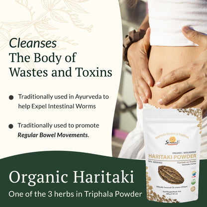 Sewanti Ayurvedic Organic Haritaki Powder - Terminalia Chebula for Constipation Relief, Digestive Wellness & Intestinal Cleanse | NPN 80090900 | GMP Certified | Packaged in Canada, 200g Sewanti