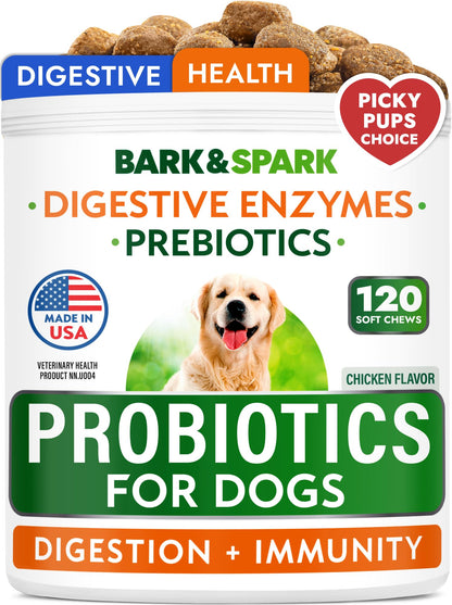 Probiotics for Dogs - Gas, Diarrhea, Allergy, Constipation, Upset Stomach Relief, w/Digestive Enzymes + Prebiotics - Chewable Supplement - Improve Digestion, Immunity - Dog Probiotics Chews - 120Ct