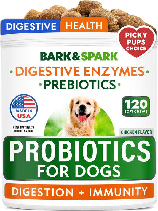 Probiotics for Dogs - Gas, Diarrhea, Allergy, Constipation, Upset Stomach Relief, w/Digestive Enzymes + Prebiotics - Chewable Supplement - Improve Digestion, Immunity - Dog Probiotics Chews - 120Ct