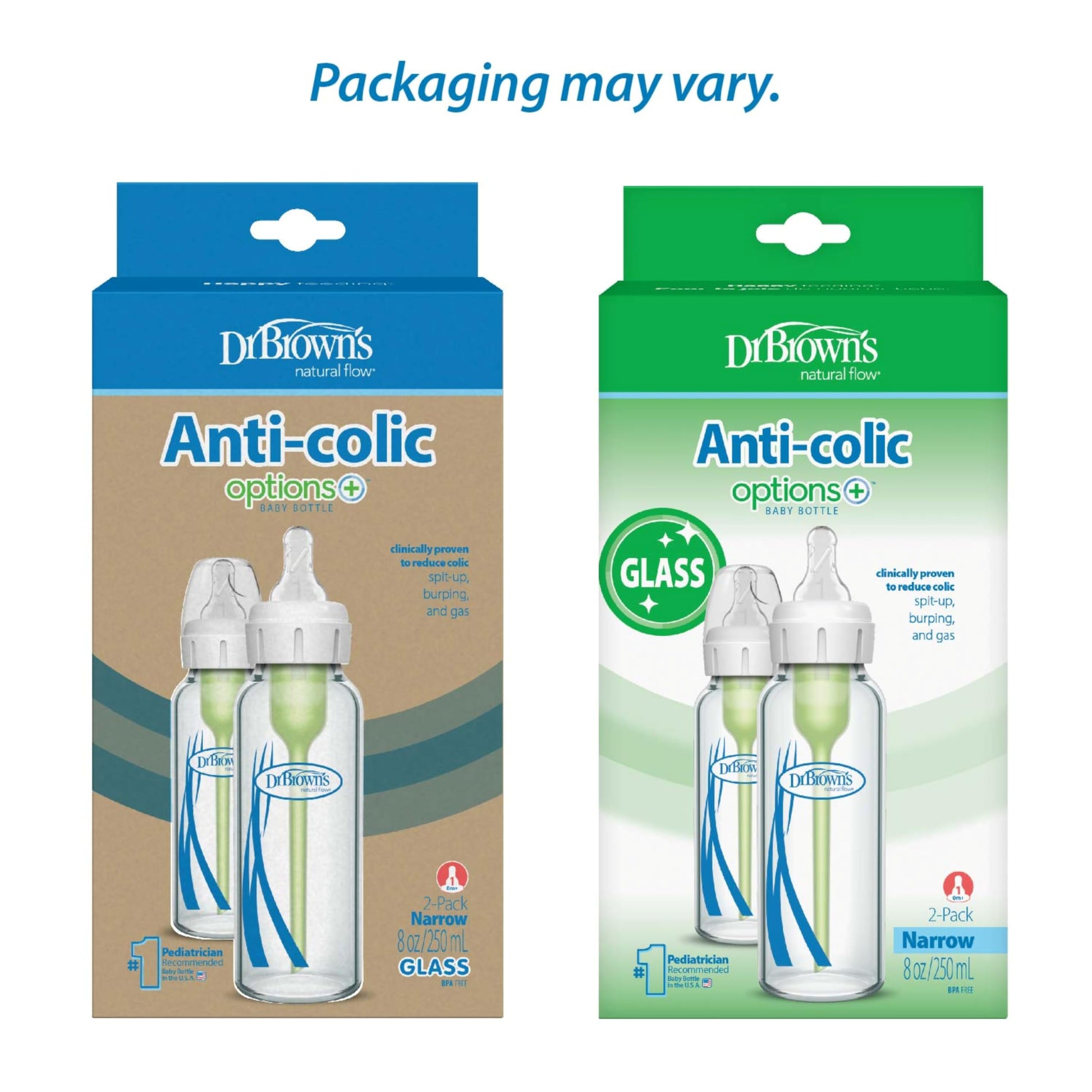 Dr. Brown’s Natural Flow Anti-Colic Options+ Narrow Glass Baby Bottles, 8oz, 2-Pack