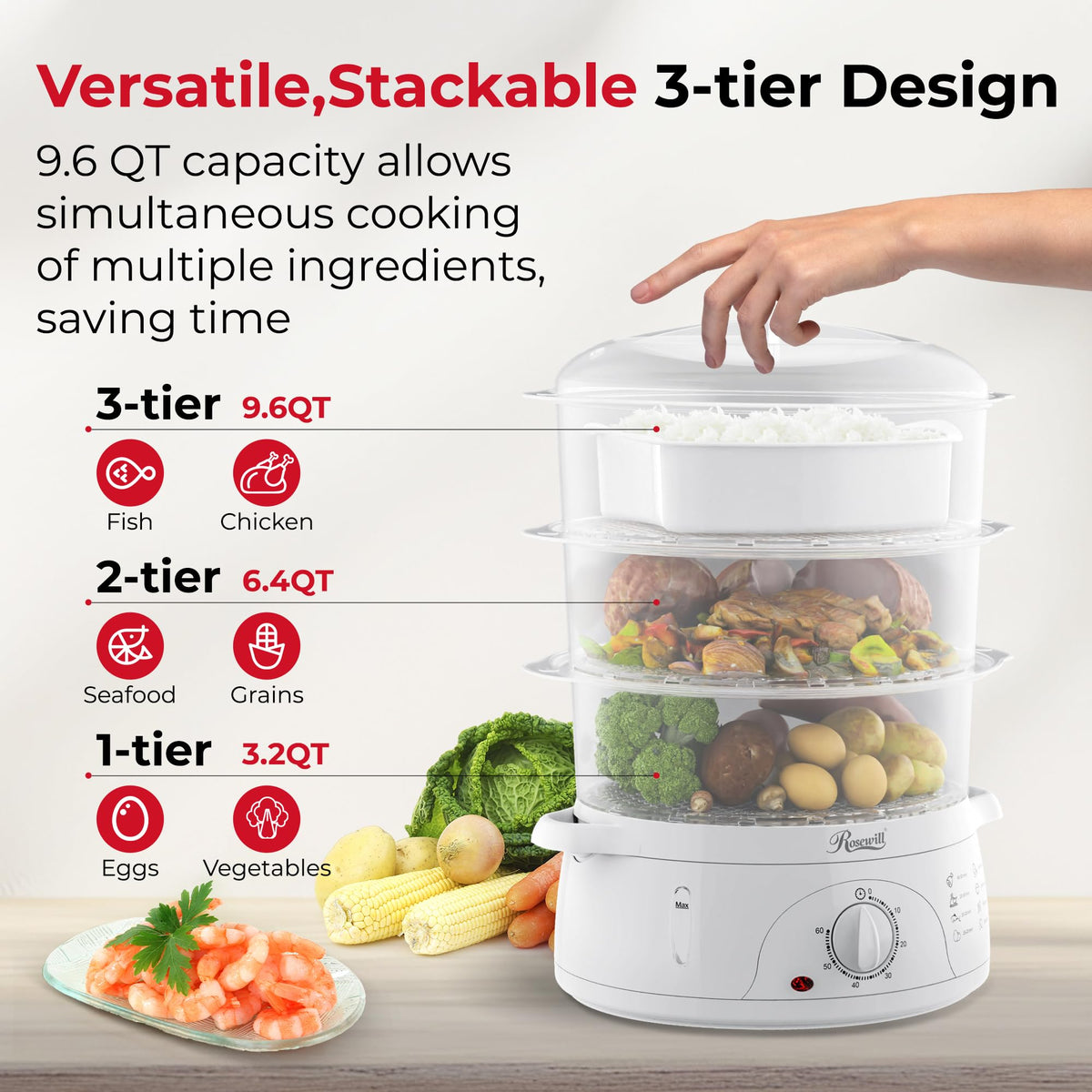 Cuiseur vapeur électrique Rosewill sans BPA, 9,5 litres (9 L), à 3 paniers empilables avec minuterie, RHST-15001
