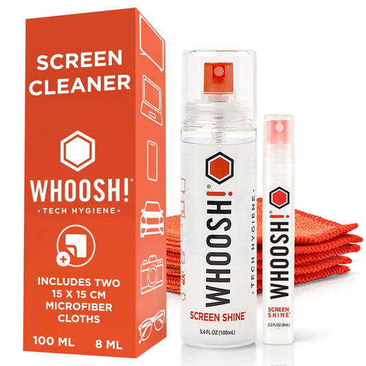 WHOOSH! Screen Shine Duo – Safe & Streak Free Electronics Cleaner for TV, OLED, MacBook, Laptop, Monitor and Car – Eyeglass Cleaner with 100ml + 8ml Bottles and 2 Microfiber Cloths 15x15 cm