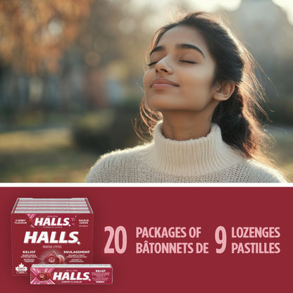 HALLS Cherry Cough Drops – 20 Packs of 9 Lozenges for Sore Throat & Cough Relief