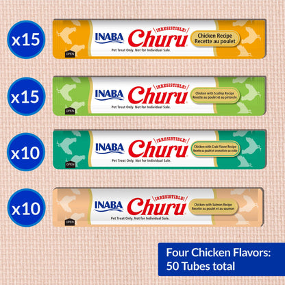 INABA Churu Cat Treats, Lickable, Squeezable Creamy Purée Cat Treat with Green Tea Extract & Taurine, 14 Grams Each Tube, 50 Tubes, Chicken & Seafood Variety
