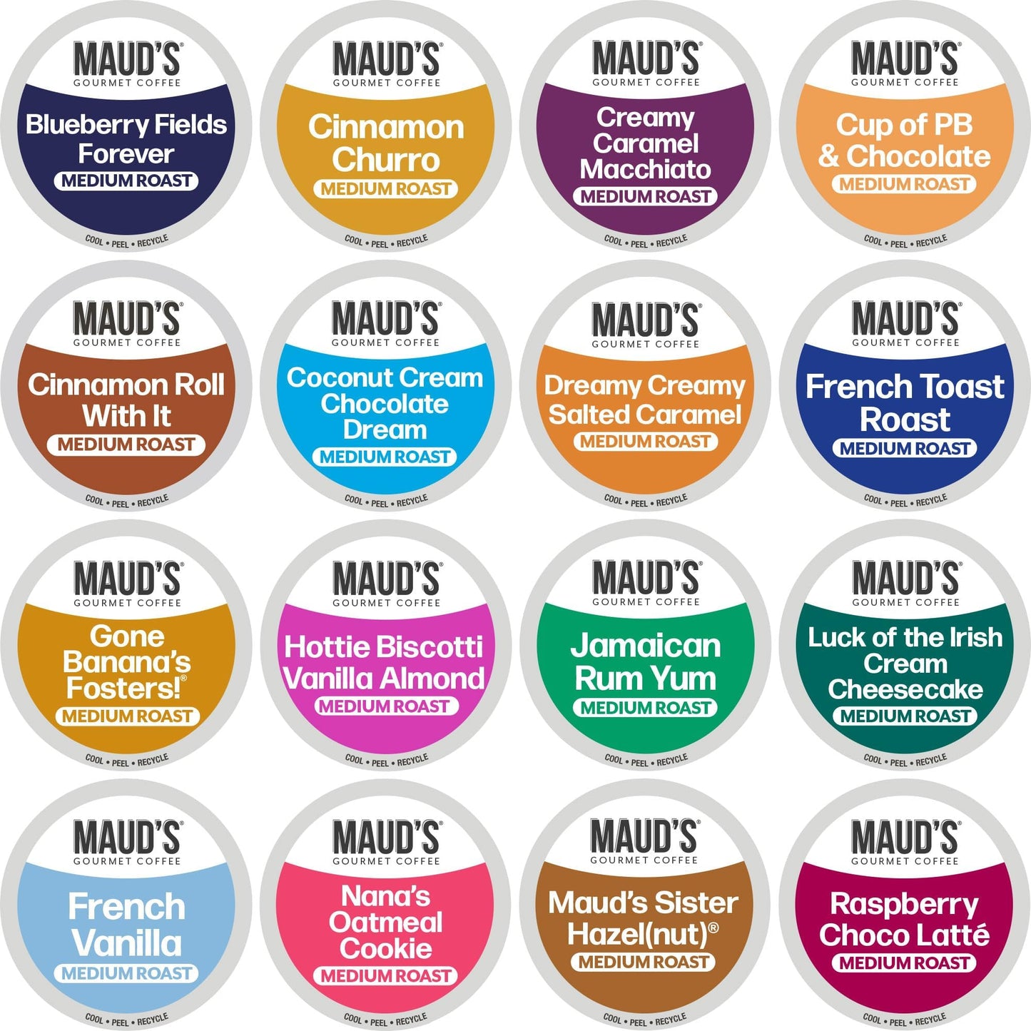 Maud's Variety Pack Flavored Coffee Pods - 80 Single Serve Pods, 16 Assorted Flavors, Medium Roast 100% Arabica