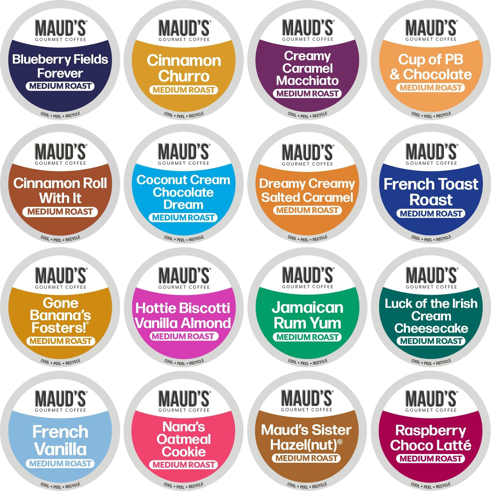 Maud's Variety Pack Flavored Coffee Pods - 80 Single Serve Pods, 16 Assorted Flavors, Medium Roast 100% Arabica