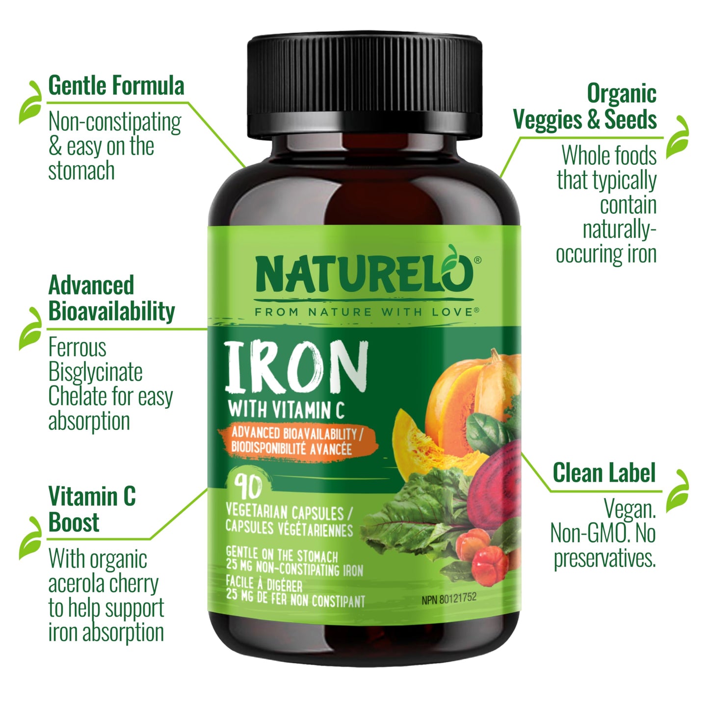 NATURELO Vegan Iron Supplement with Vitamin C and Organic Whole Foods, 90 Capsules, Gentle Iron Capsules for Women & Men with this Mineral Deficiency - Including Pregnancy, Anemia and Vegan Diets - Available at All In One Marketplace Canada