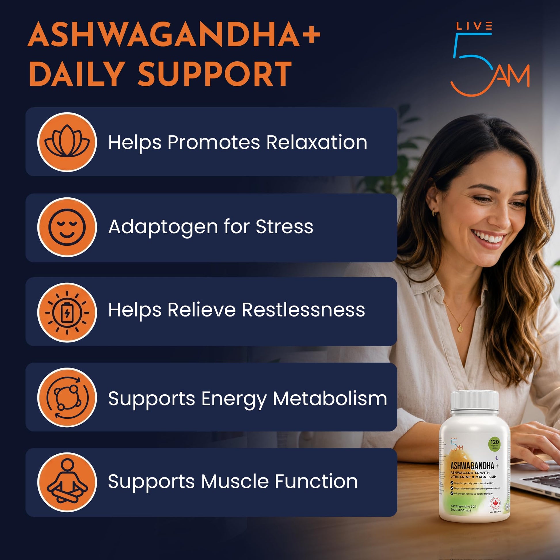 Live 5AM Ashwagandha 6000mg with L-Theanine 200mg, Magnesium Bisglycinate 75mg & Black Pepper Extract - Relaxation, Stress & Restlessness Support - 4 Month Supply, 120 Capsules - Made in Canada - Available at All In One Marketplace Canada
