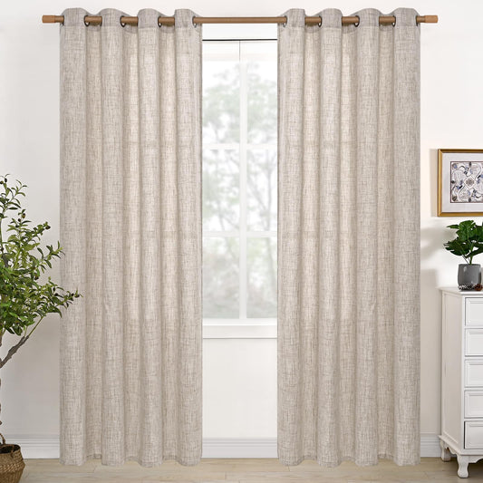 YoungsTex Natural Linen Curtains 84 Inch Long for Living Room Bedroom Grommet Top Light Filtering Privacy Linen Textured Window Semi Sheer Drapes, 2 Panels, 52x84 Inch, Natural