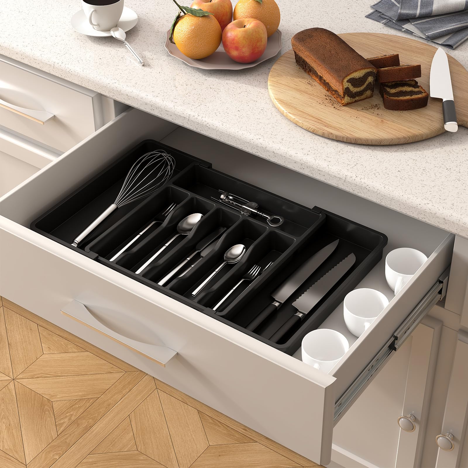 Lifewit Extra Large Cutlery Organizer, Expandable Silverware Drawer Organizer for Kitchen, Adjustable Cutlery Tray Drawer Organizer for Spoon Forks Knives, Cutlery Crocks, 13-22 x 15", Black