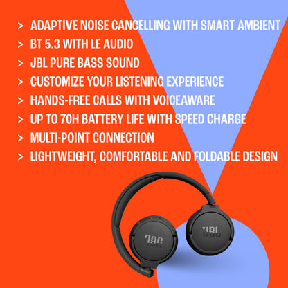 JBL Tune 670NC - Adaptive Noise Cancelling with Smart Ambient Wireless On-Ear Headphones, Up to 70H Battery Life with Speed Charge, Lightweight, Comfortable and Foldable Design (Purple)