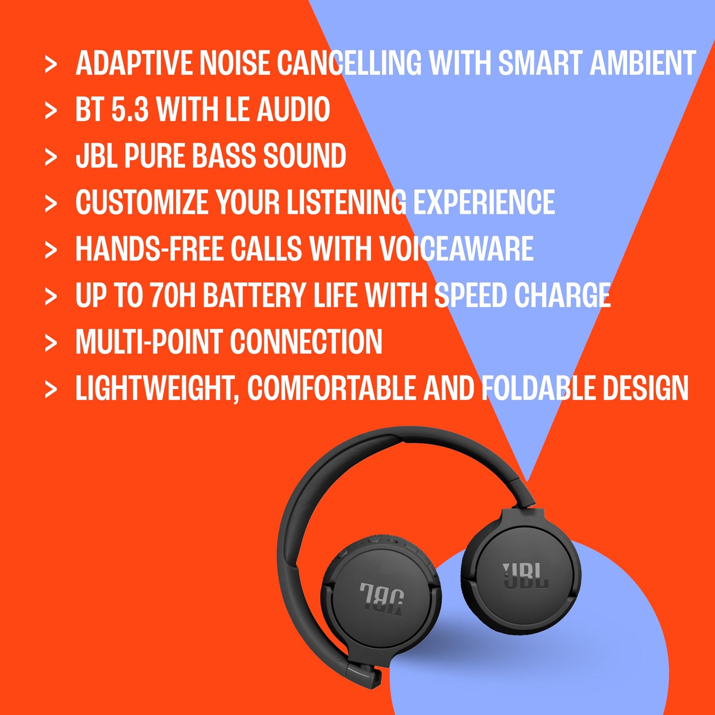 JBL Tune 670NC - Adaptive Noise Cancelling with Smart Ambient Wireless On-Ear Headphones, Up to 70H Battery Life with Speed Charge, Lightweight, Comfortable and Foldable Design (Blue)