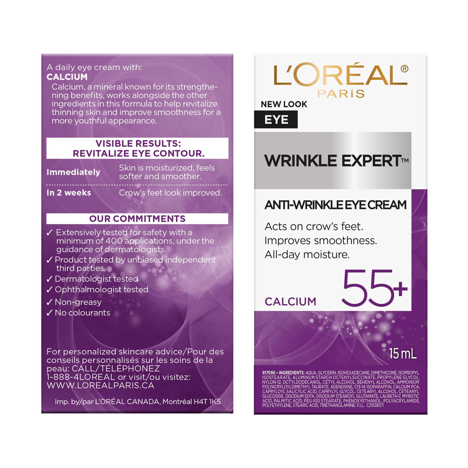 L’Oréal Paris Anti-Aging Under Eye Cream 55+, Day & Night Skincare, Wrinkle Expert, With Calcium to Reduce the Look of Crows Feet, Dark Circles & Puffy Eyes, 15mL