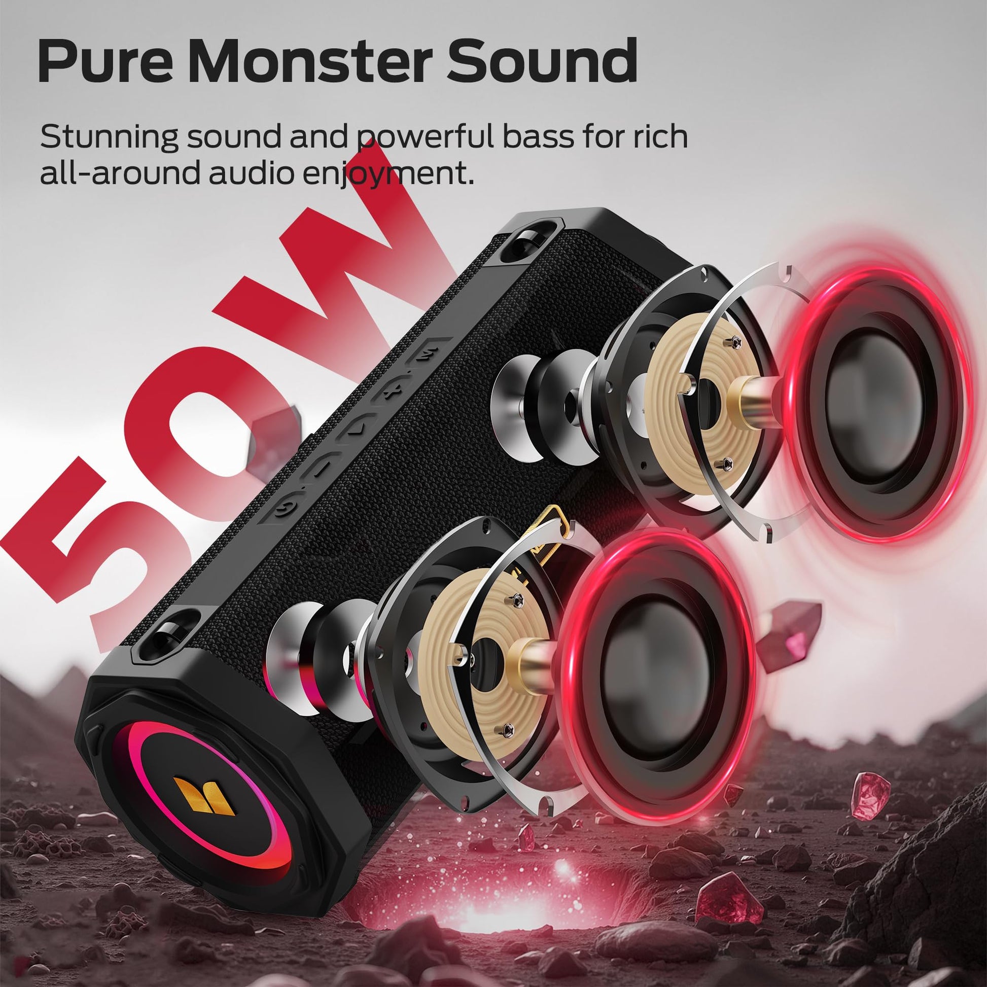 Monster Speaker S200 Wireless Portable Bluetooth Speaker, 24H Playtime, IPX6 Waterproof, 50W Stereo Sound, Bluetooth 5.4, Dual Bass Speakers, Perfect for Home, Parties, and Travel.Black - Available at All In One Marketplace Canada