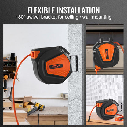VEVOR Retractable Air Hose Reel, 3/8 in x 50 FT Hybrid Air Hose Max 300PSI, Air Compressor Hose Reel with 5 ft Lead in, Ceiling/Wall Mount Enclosed Air Reel, 180° Swivel Mount VEVOR