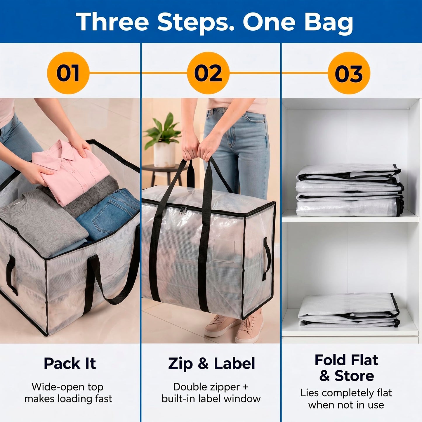 ClearSpace Oversized Moving Bags or Storage Bag – Large Moving Boxes with Backpack Straps, Zippers & Handles – Heavy-Duty Packing Bags, College Dorm, Christmas Decorations, 6 Pack