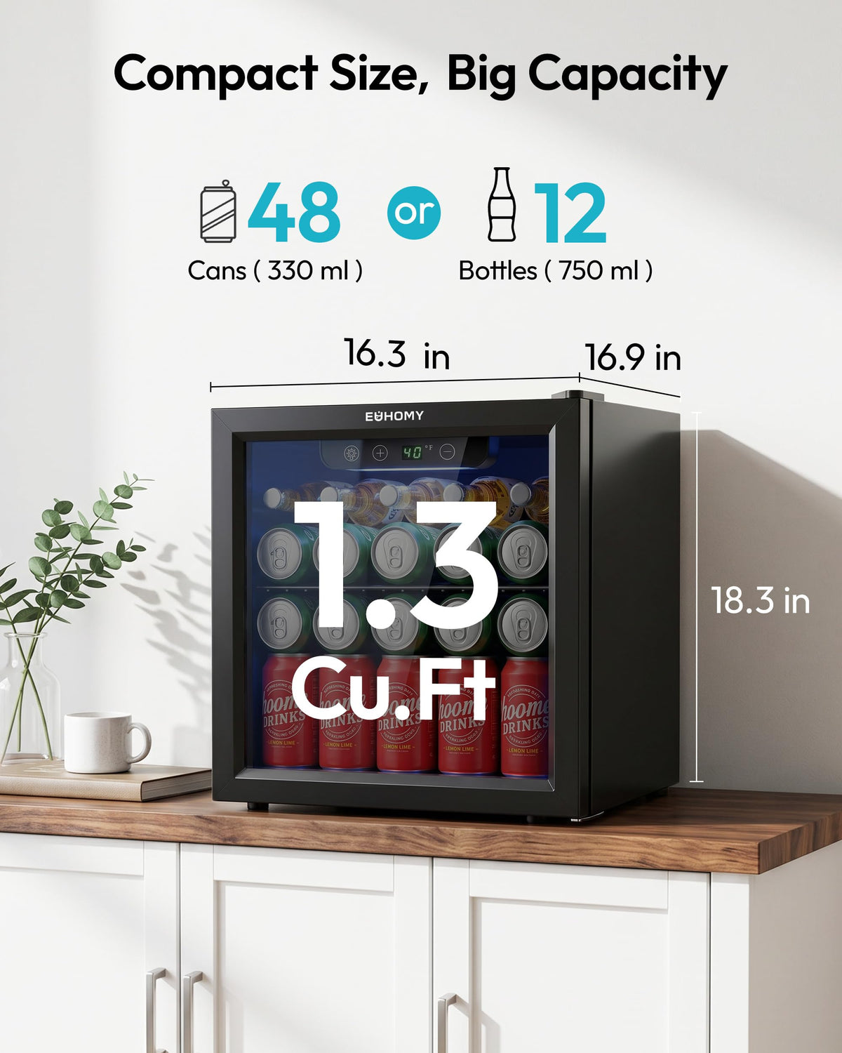 EUHOMY 48 Cans Beverage Refrigerator cooler-Mini Fridge Glass Door for Beer Drinks Wines, Countertop Beverage Fridge with Adjustable Shelves Blue LED for Home/Office/Dorm/Bar, 1.3 cu.ft