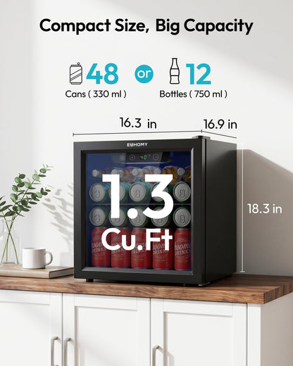 EUHOMY 48 Cans Beverage Refrigerator cooler-Mini Fridge Glass Door for Beer Drinks Wines, Countertop Beverage Fridge with Adjustable Shelves Blue LED for Home/Office/Dorm/Bar, 1.3 cu.ft