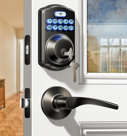 Veise KS01B Keypad Door Lock with 2 Lever Handles Set, Matte Black Veise