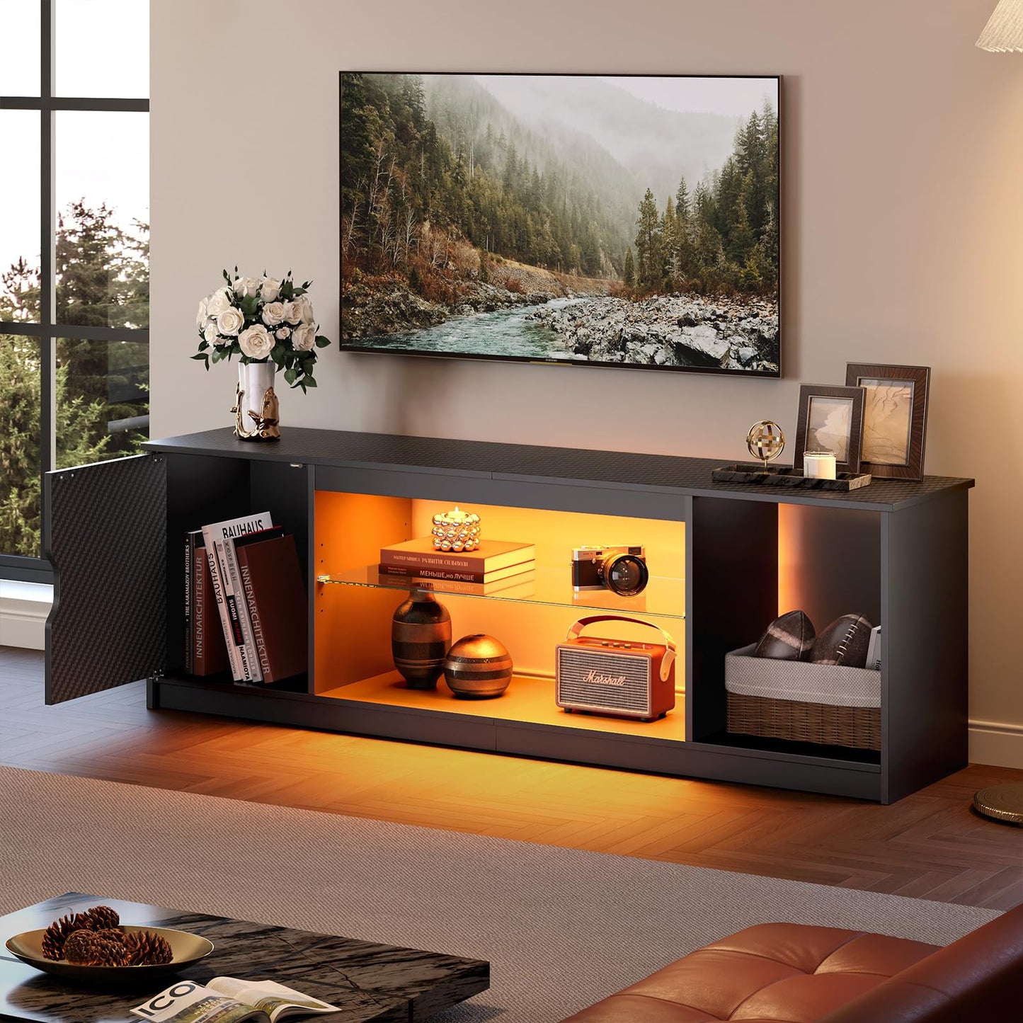 Bestier 57 inch TV Stand for 65 Inch TV, Black Entertainment Center Bestier