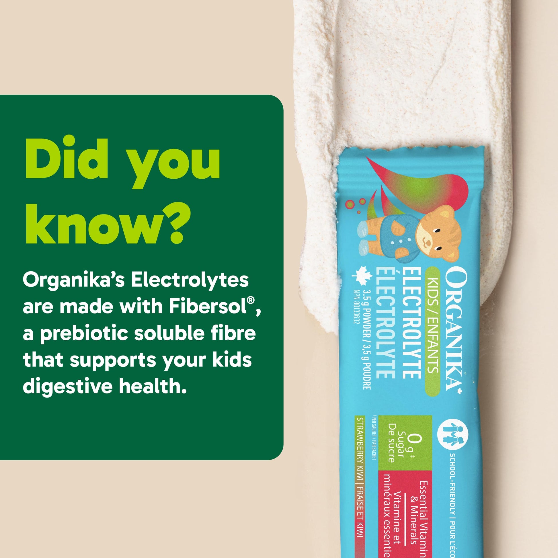 Organika Kids Electrolytes Powder Sticks - Sugar-Free Hydration + Immune support with 100% of daily Vitamin C, Minerals and Prebiotic Fibre | Strawberry Kiwi Flavour - 3.5g x 20 sachets - Available at All In One Marketplace Canada