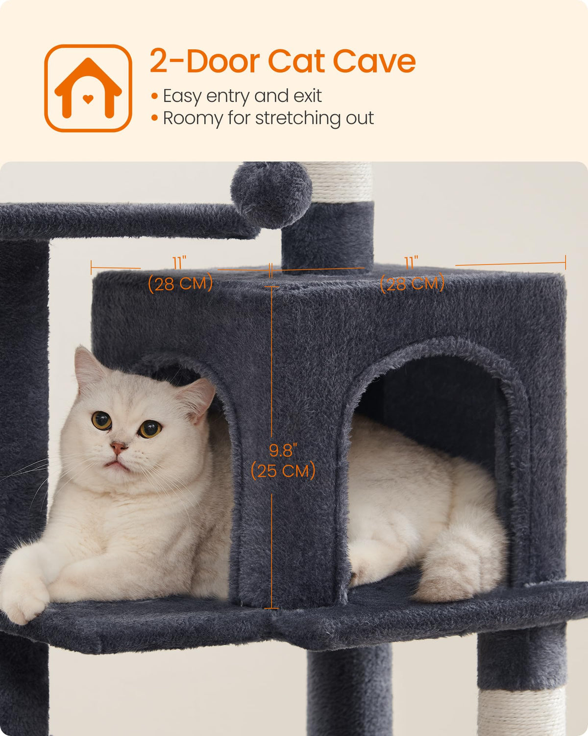 Feandrea Cat Tree Tower, 112 cm, 2 Perches, Hammock, Smoky Gray