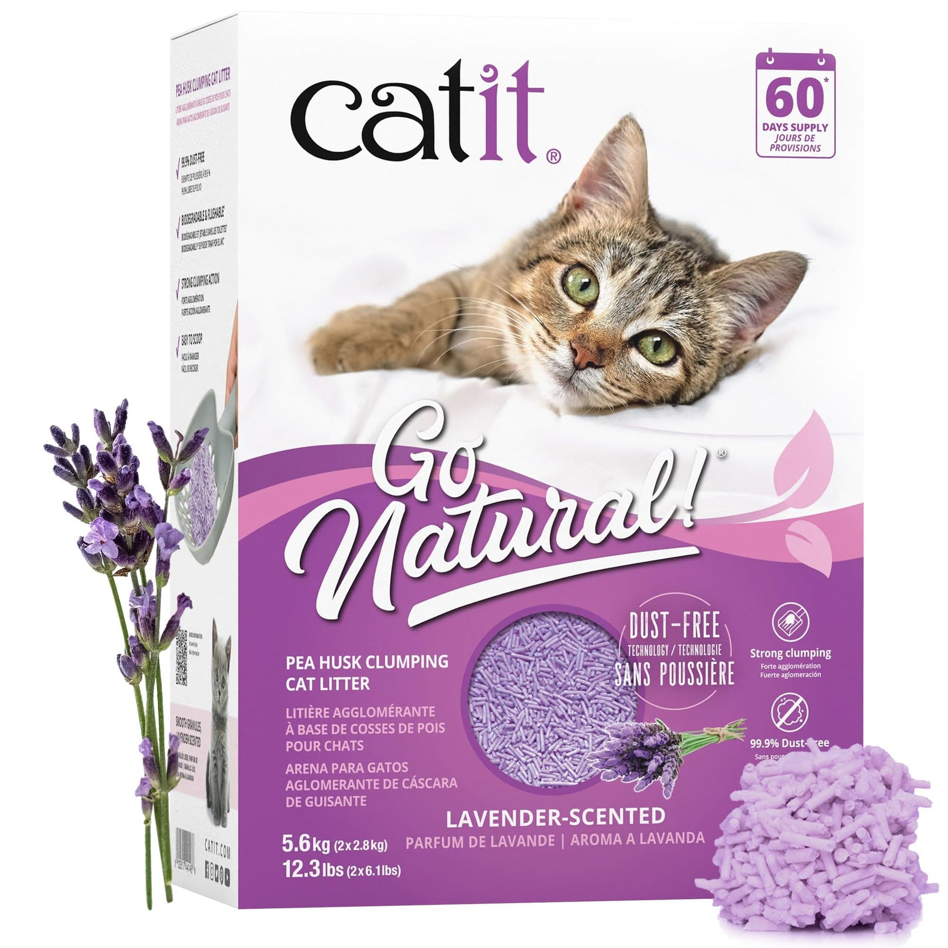 Catit Go Natural Pea Husk Clumping Cat Litter, Tofu, Lavender, 14 L, Dust Free & Lightweight Cat Litter, Easy to Scoop, Litiere Pour Chat