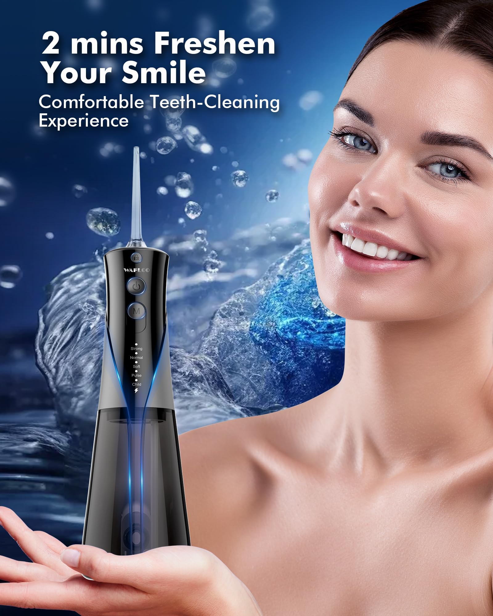 WAFLOO Water Flossers - Portable 300ML Larger Tank Waterflosser IPX7 Waterproof Floss for Home Travel, 5 Modes, 6 Flossing Tips - Available at All In One Marketplace Canada